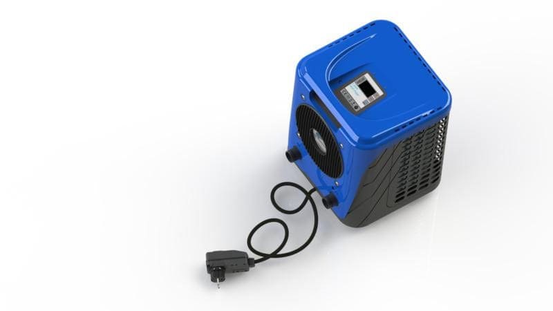 Kompakte blaue Pool-Wärmepumpe mit digitaler Steuerung für Energieeinsparung.