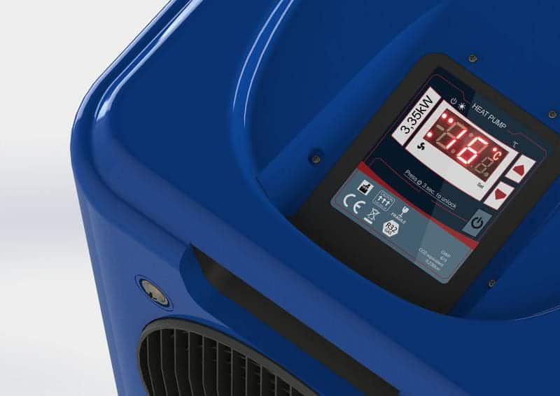 Wärmepumpe für Pool mit digitaler Bedieneinheit und einstellbarer Temperatur.