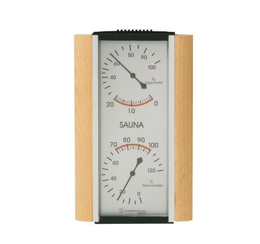 Luxus-Saunathermometer und -hygrometer zur Temperatur- und Feuchtigkeitsmessung.
