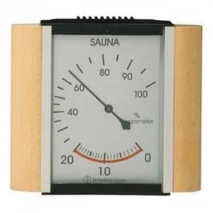 Hygrometer für Sauna mit luxuriösem Holzgehäuse, präzise Temperatur- und Feuchtigkeitsmessung.
