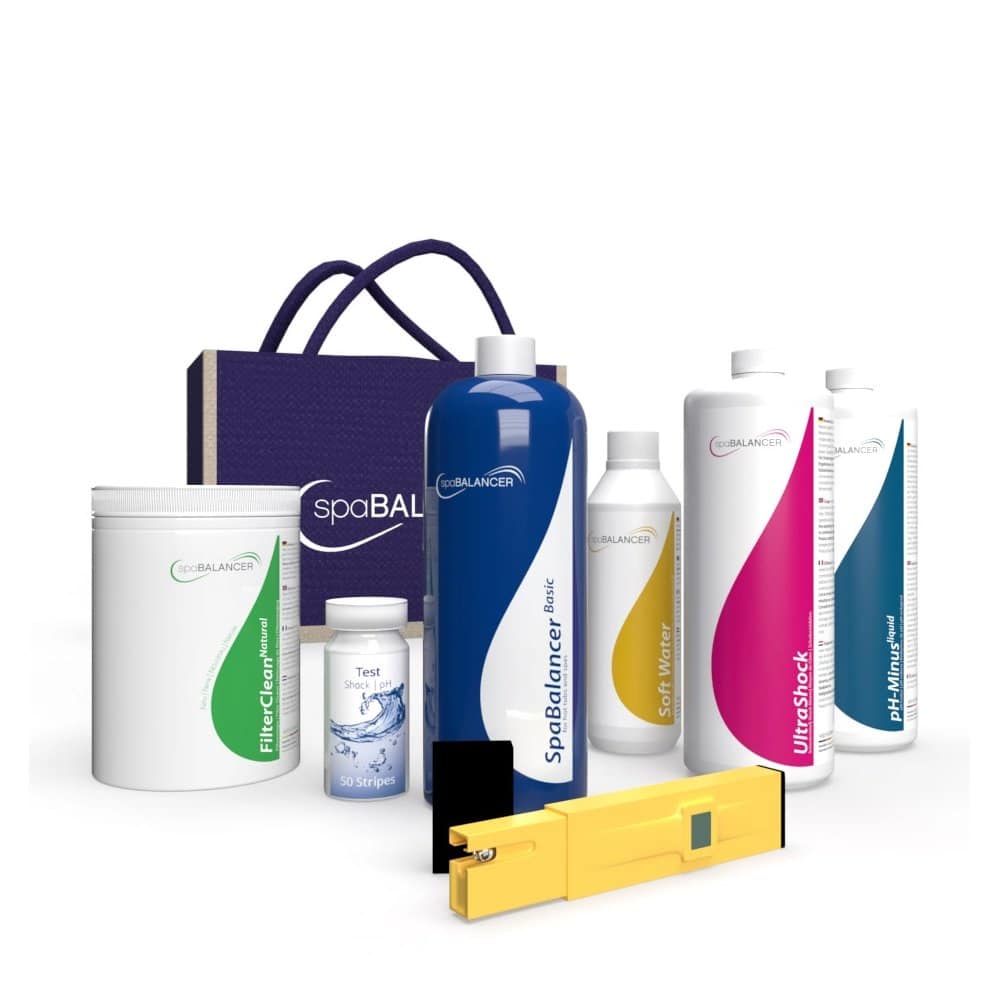 Komplettes SpaBalancer Starterset mit Testkits und Chemikalien für die Poolpflege.