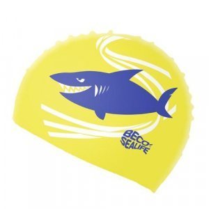 Gelbe Silikon-Kinderbadekappe mit Hai-Design von Beco Sealife.