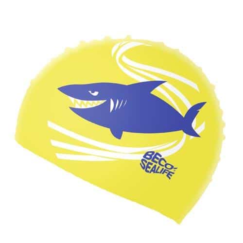 Gelbe Silikon-Kinderbadekappe mit Hai-Design von Beco Sealife.