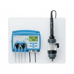 Pool pH/Redox-Kontrollpaneel mit Durchflusszelle und Anschlussset für Durchmesser 63 mm.