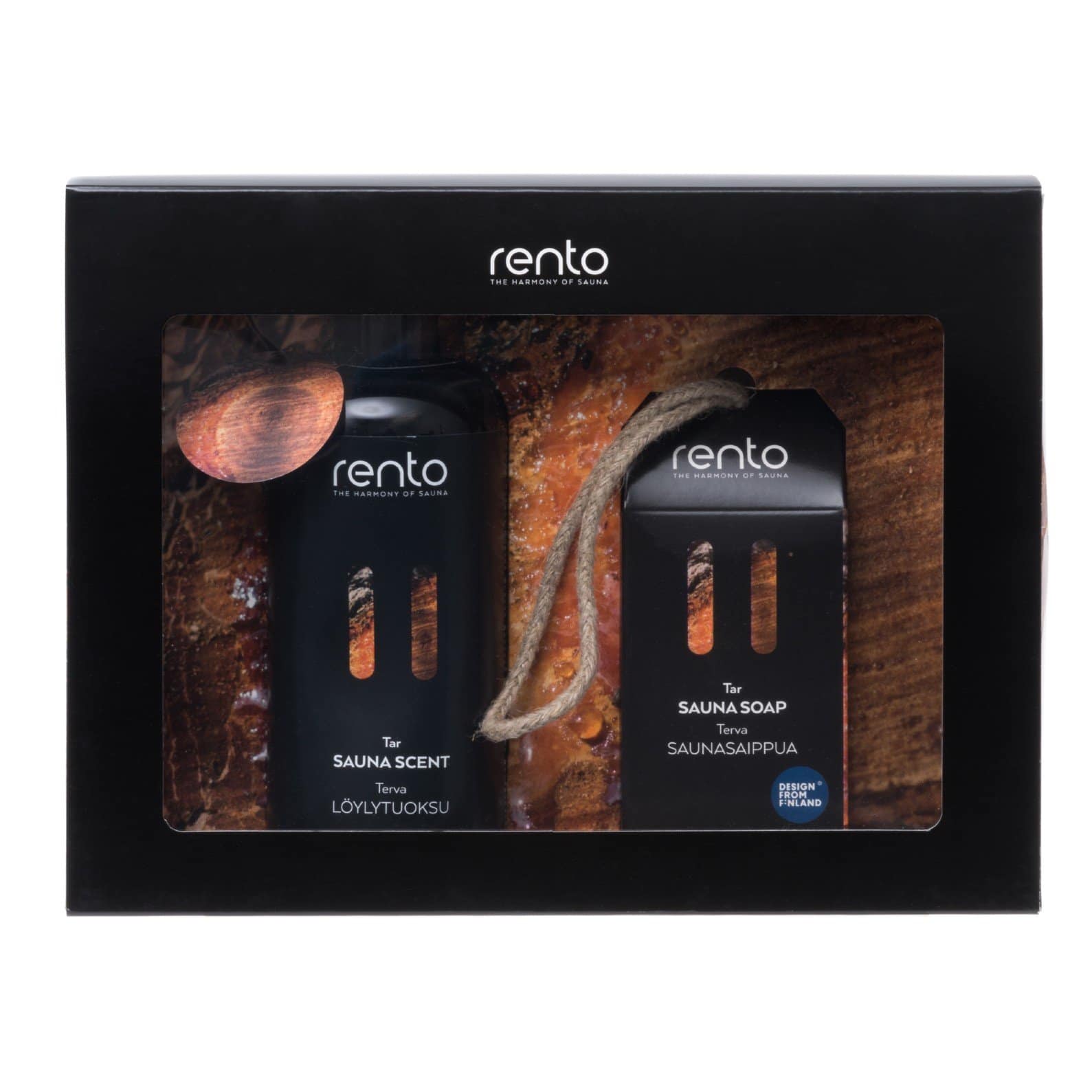 Geschenkset mit Holz-Saunaduft und Saunaseife für ein entspannendes Sauna-Erlebnis.