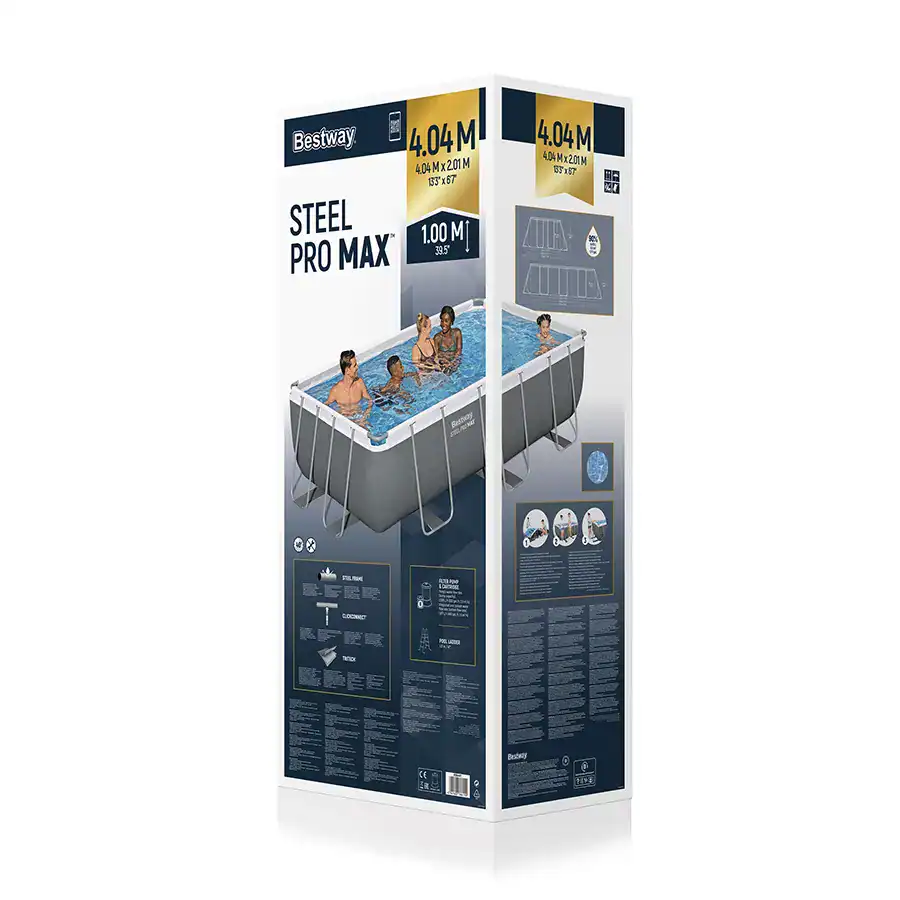 Bestway Steel Pro Max Pool mit Filterpumpe und Zubehör, geeignet für sommerliche Entspannung.
