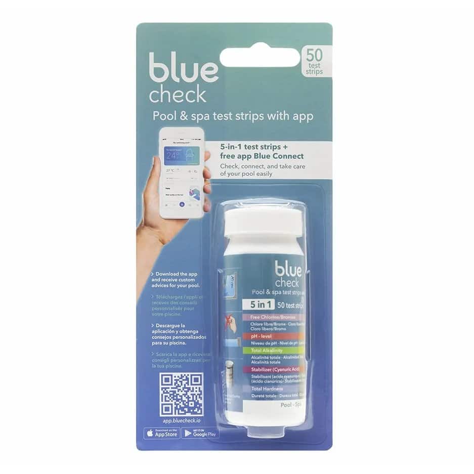 Blue Check Teststreifen zur Poolwasserkontrolle mit App.