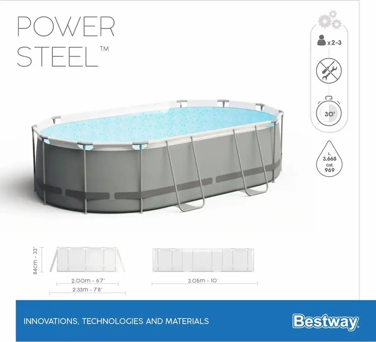 Oval-Pool Power Steel 305x200x84 cm mit Filterpumpe und Zubehör.