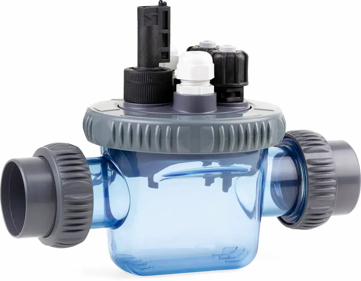 Pool-Filtersystem mit Flowkammer, pH- & Redox-Chips, Flüssigkeiten und Switch.