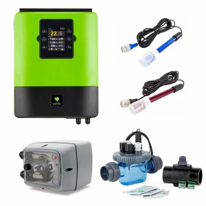 Elektrolyse-Set zur Poolwasserpflege bis 120 m³, inklusive Bedienpanel und Zubehör.
