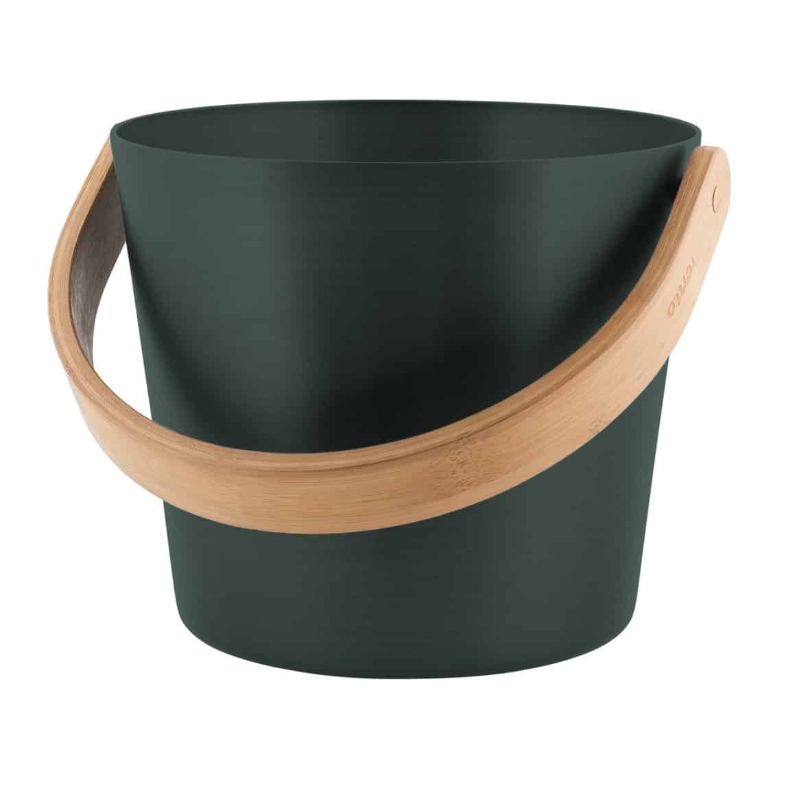 Rento Sauna-Eimer mit Holzgriff und Löffel, schwarzes Design.