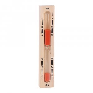 Sanduhr für Sauna, rote Farbe, Holzrahmen, präzise Zeitmessung.