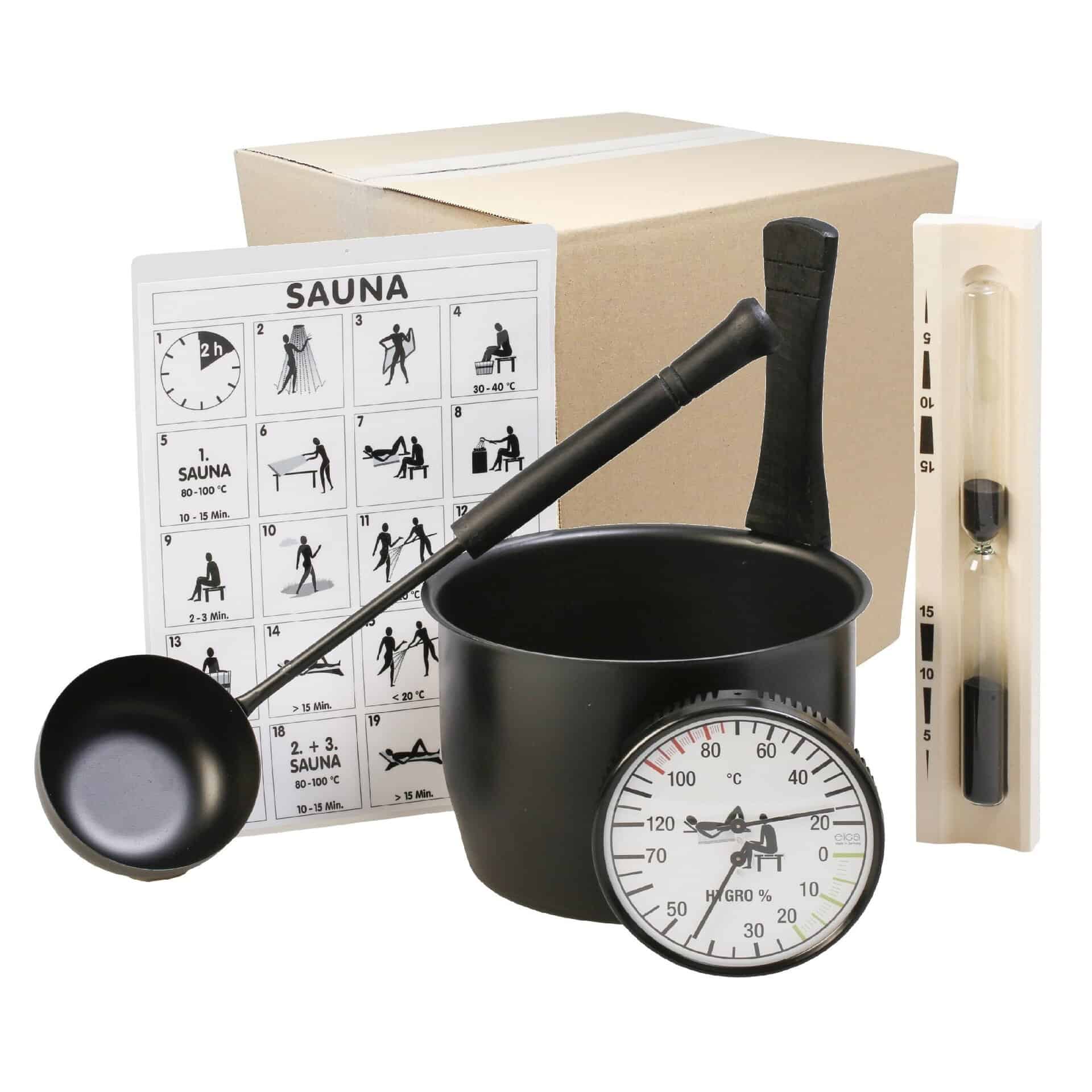 Schwarzes Sauna-Zubehörset mit Thermometer, Kelle und Anleitungskarte.