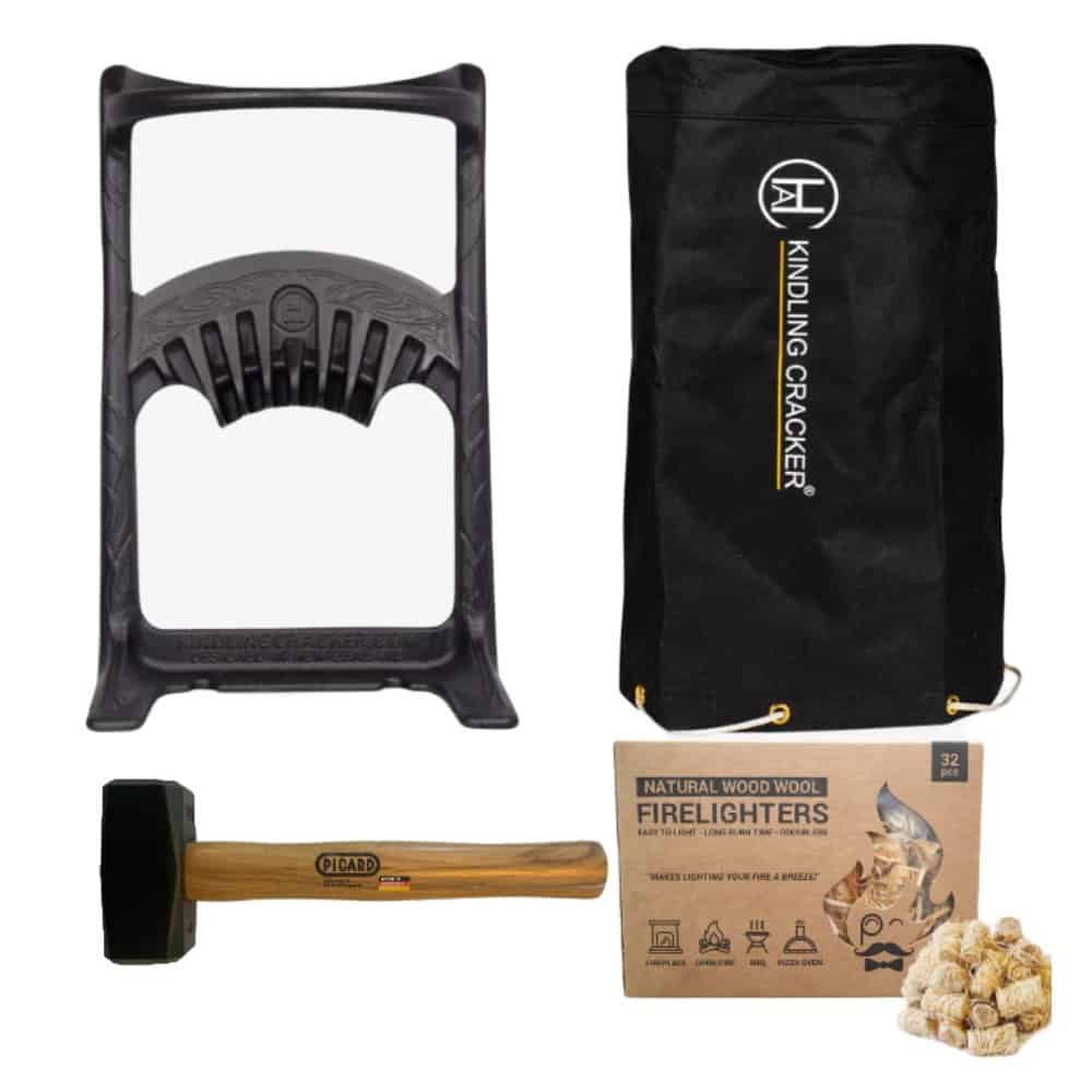 Komplettes Feuerstarter-Set mit Kindling Cracker, Hammer und Anzündblöckchen für gemütliche Abende.