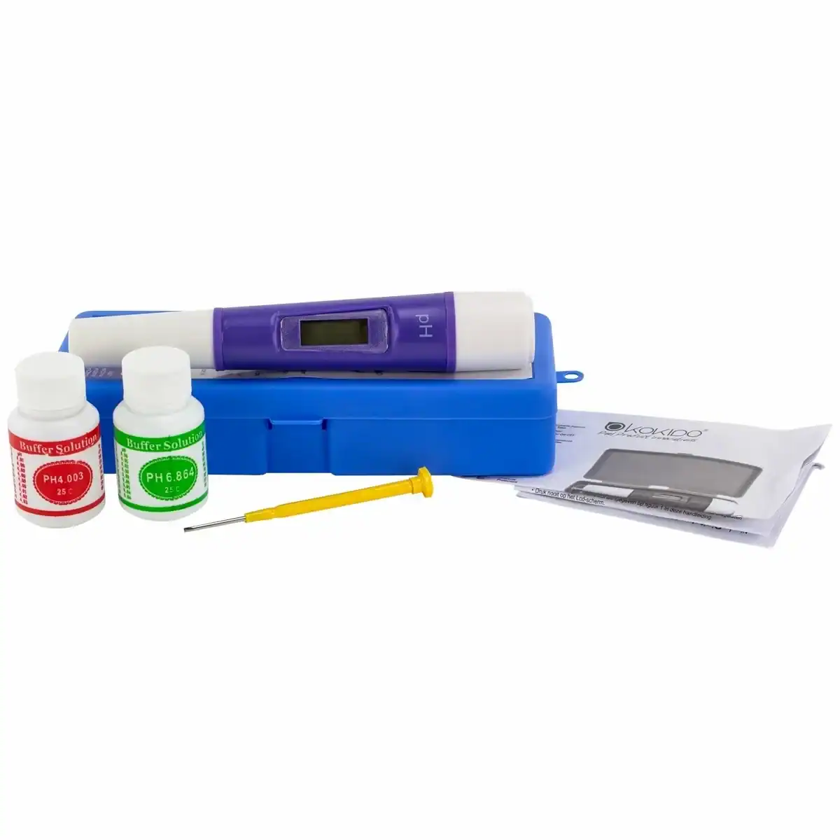Digitaler pH-Tester zur Kontrolle des Poolwassers, inklusive Testflüssigkeiten und Anleitung.