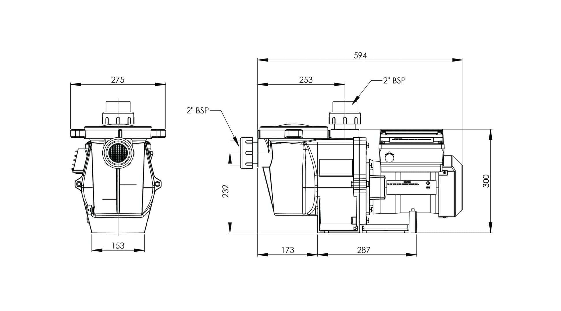 Technische Zeichnung der Poolpumpe IntelliFlo WhisperFlo VSF.