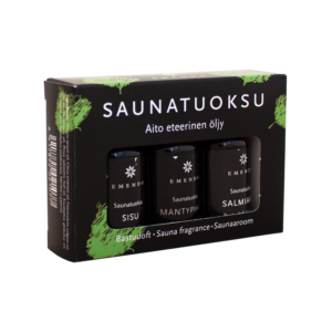 Sauna-Duft-Geschenkset mit Salmiac-, Pine- und Sisu-Ölen.