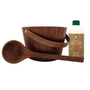 Sauna-Set mit Holzeimer, Kelle und Zimtduft zur Entspannung.