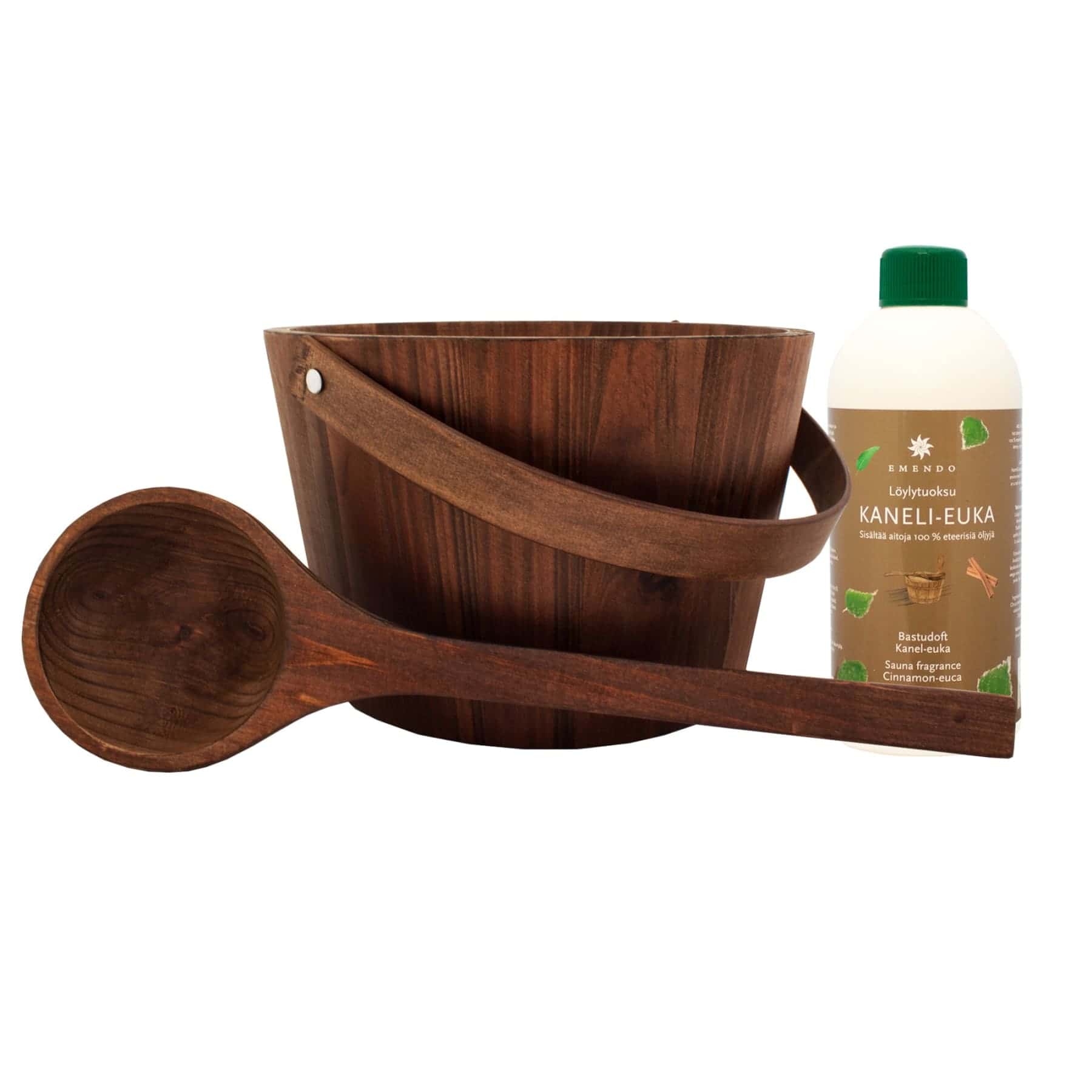 Sauna-Set mit Holzeimer, Kelle und Zimtduft zur Entspannung.