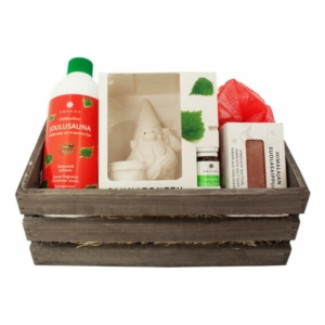 Sauna-Geschenkset für Weihnachten mit Badeprodukten und Zubehör.