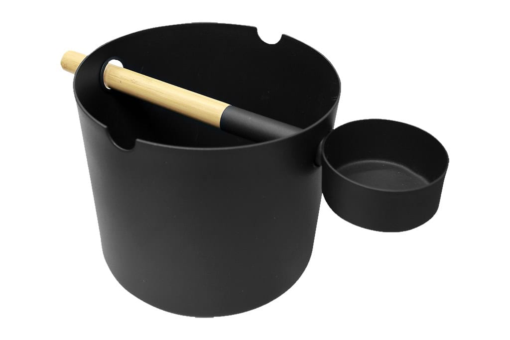Eimer und Kelle für die Sauna, schwarzes Design, ideal für Wasser oder Öle.