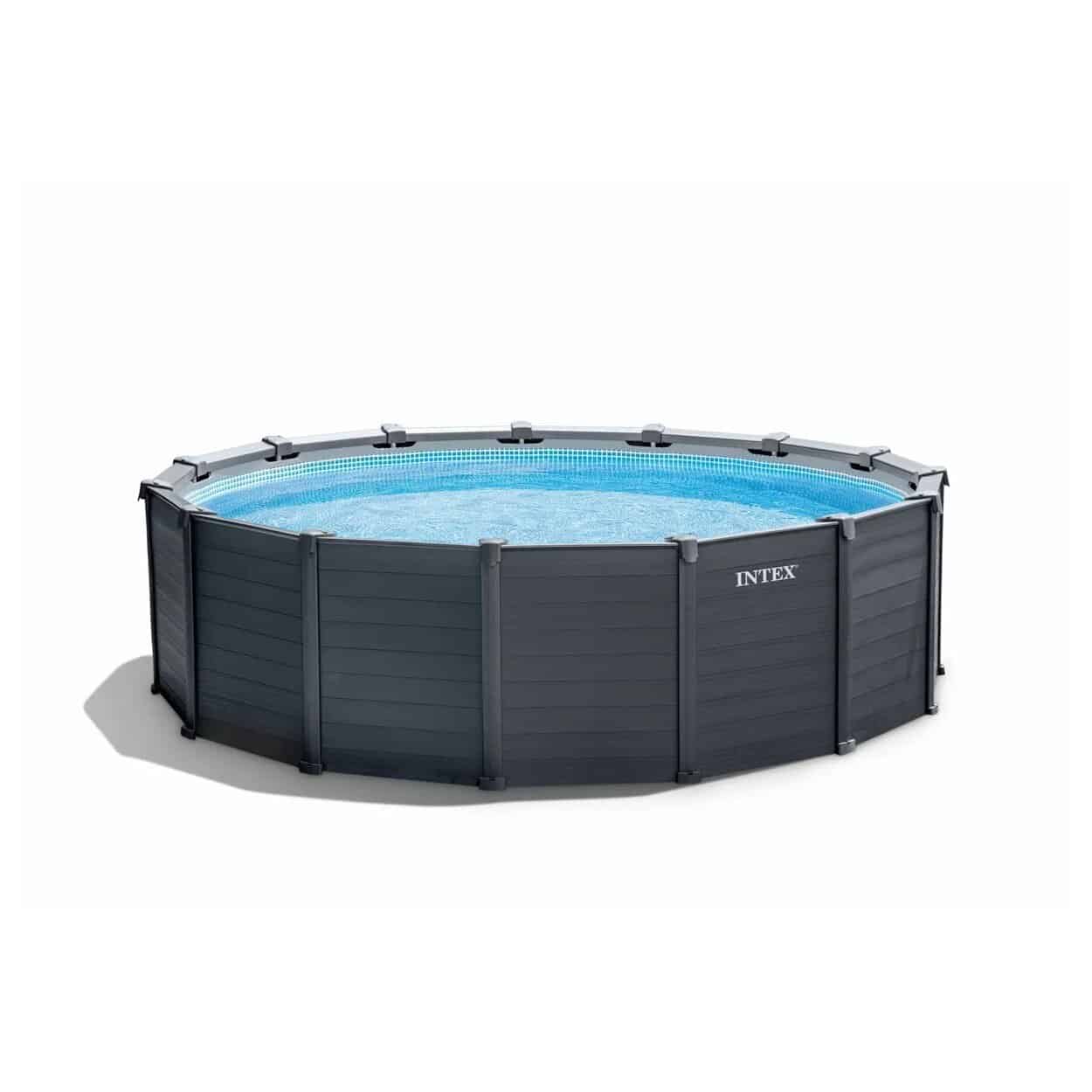Intex Graphite Grey Panel Pool mit Sandfilterpumpe und Zubehör, ideal für sommerliche Entspannung.