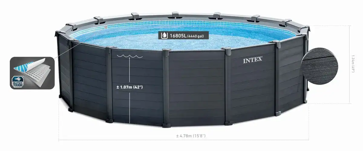Intex Graphite Grey Pool mit Sandfilterpumpe und Zubehör für sommerlichen Spaß.