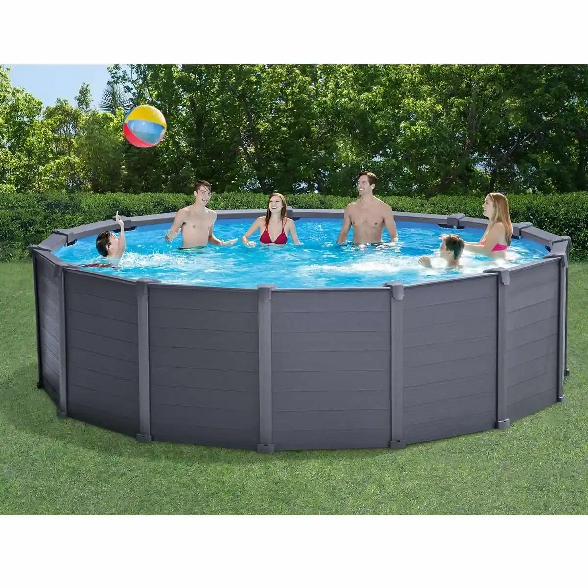 Intex Graphite Grey Pool mit Sandfilterpumpe, geeignet für die Familie, 478x124 cm, einfach aufzustellen.