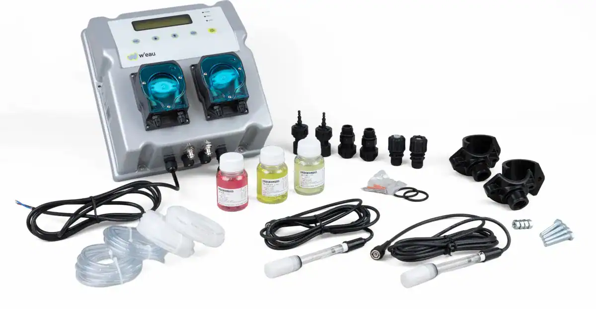 Automatische pH- und Redoxregelung für Pools, inklusive Sensoren und Zubehör.
