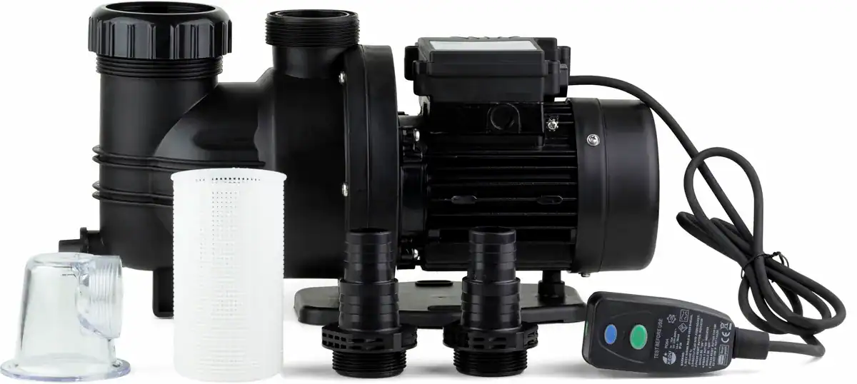 Poolpumpensystem mit Filter und Steuergerät für sauberes Wasser.