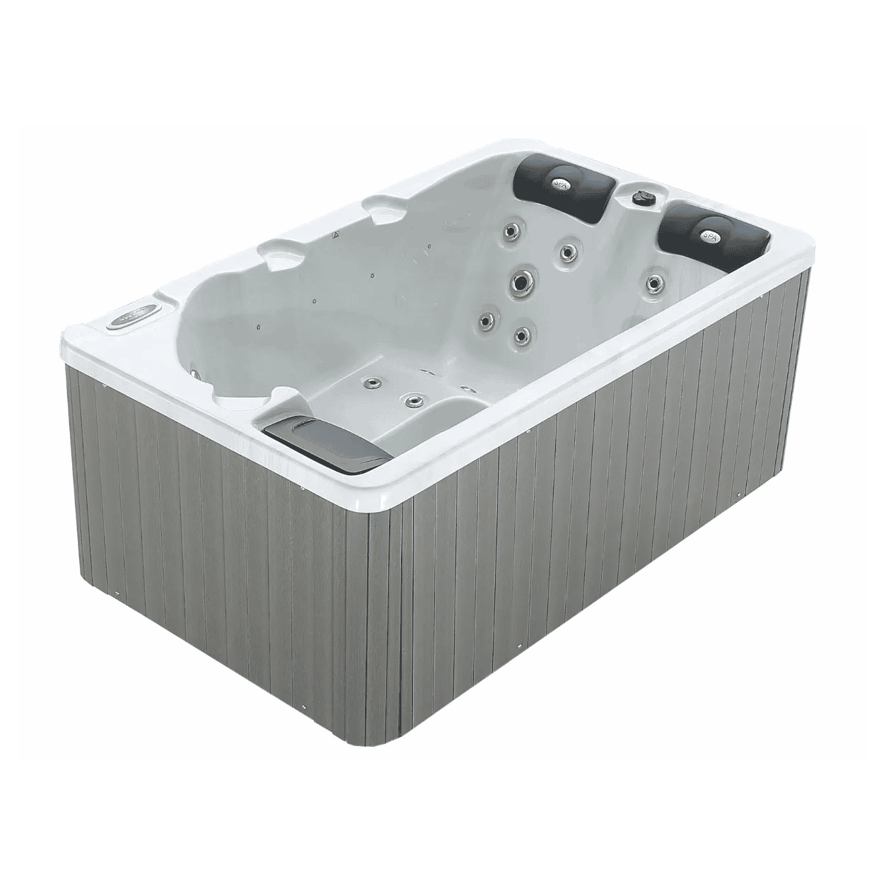 3-Personen W’eau Hudson Spa mit Massagedüsen und Bedienfeld.