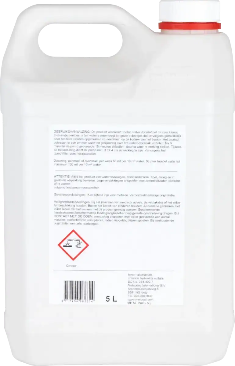 Flüssiges Flockungsmittel für Poolwasser, 5 Liter, geeignet für klares und sauberes Wasser.