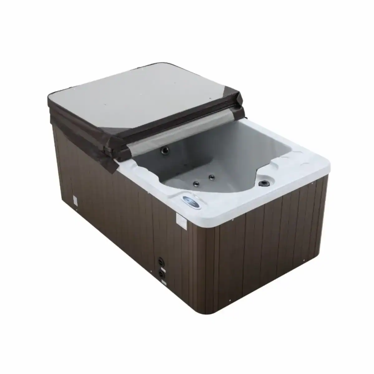 Kompakter 3-Personen-Hot Tub mit Holzoptik und Abdeckung.