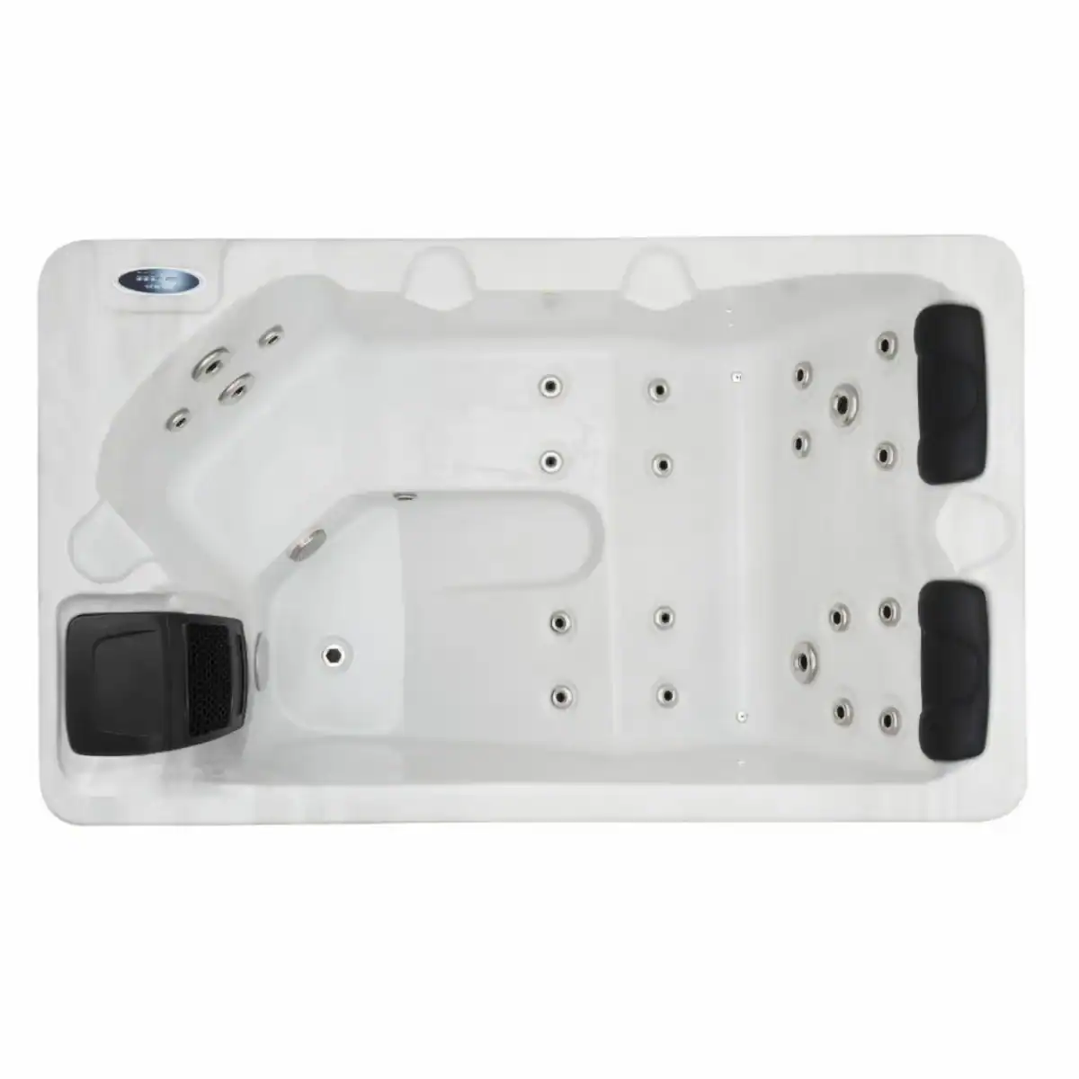 Luxuriöser 3-Personen-Hot Tub mit Massagedüsen und komfortablen Kopfstützen.