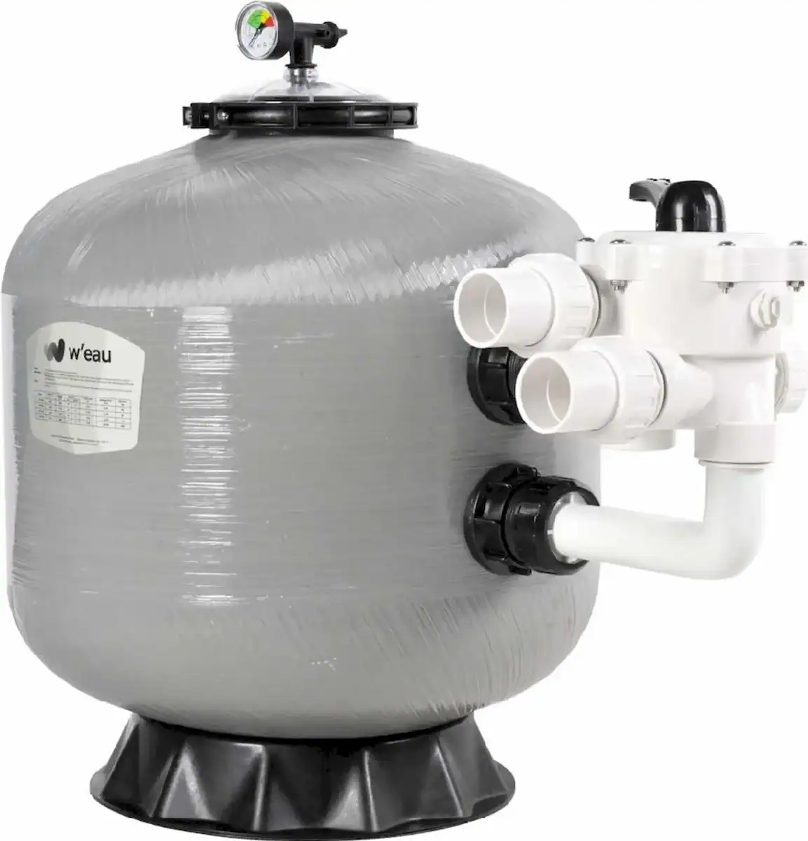 Sandfilter für Poolreinigung, 16m³ Kapazität, polyesterverstärkt, Side-Mount-Bauweise.