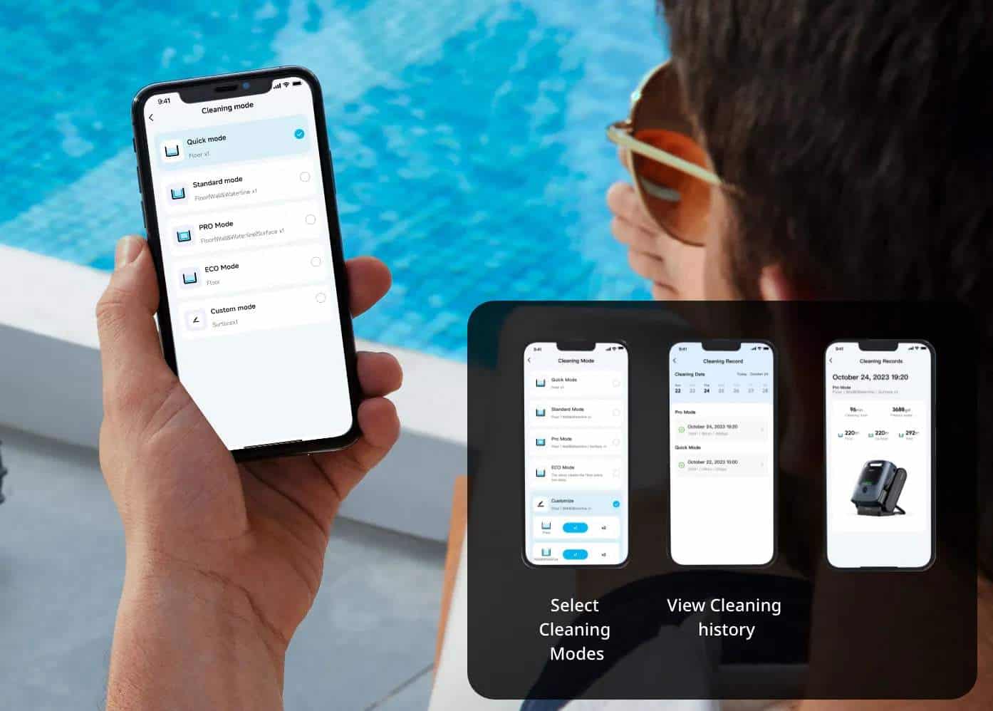 Smartphone mit Pool-Reinigungs-App und Steuerungsbildschirm.