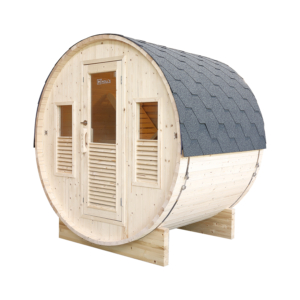 Luxuriöse kompakte Außensauna aus Holz mit Fenstern und Tür, perfekt zur Entspannung im Garten.