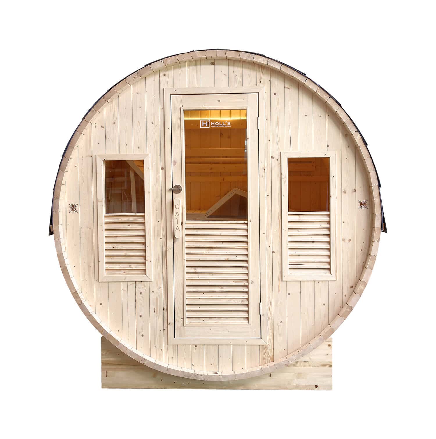 Luxuriöse kompakte Außensauna aus Holz mit Tür und Fenstern, perfekt zur Entspannung im Garten.