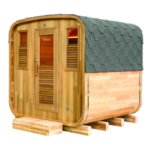 Außensauna aus Holz mit Holztür und Lüftungsgittern, geeignet für 6 Personen.