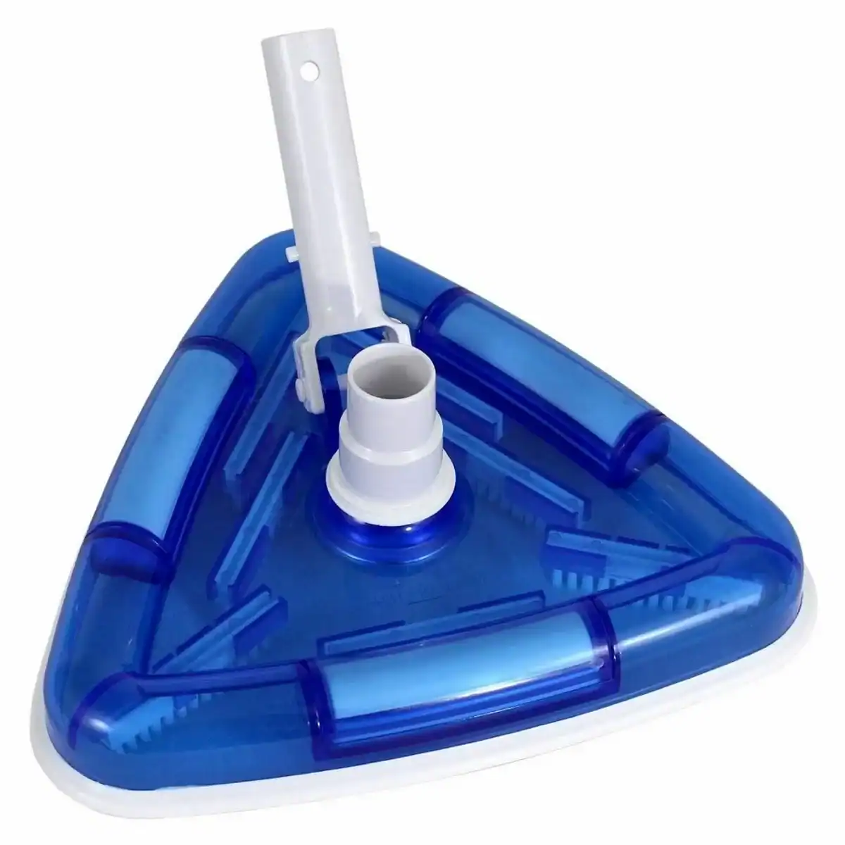 Beschwerter Bodensauger zur Poolreinigung, dreieckiges Design in Blau-Weiß.