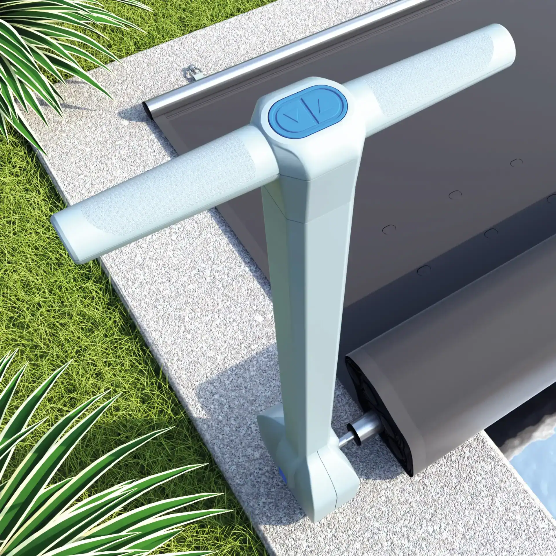 Motorisiertes Aufrollsystem für Poolabdeckung auf der Terrasse.