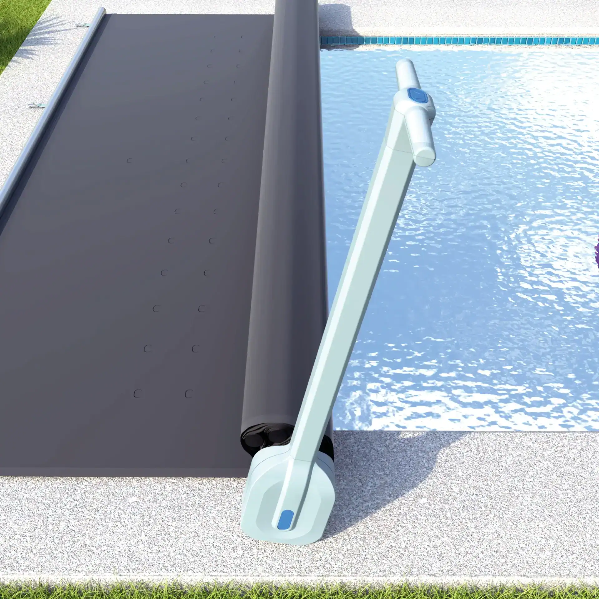 Aufrollsystem für Poolabdeckung mit automatischer Bedienung.