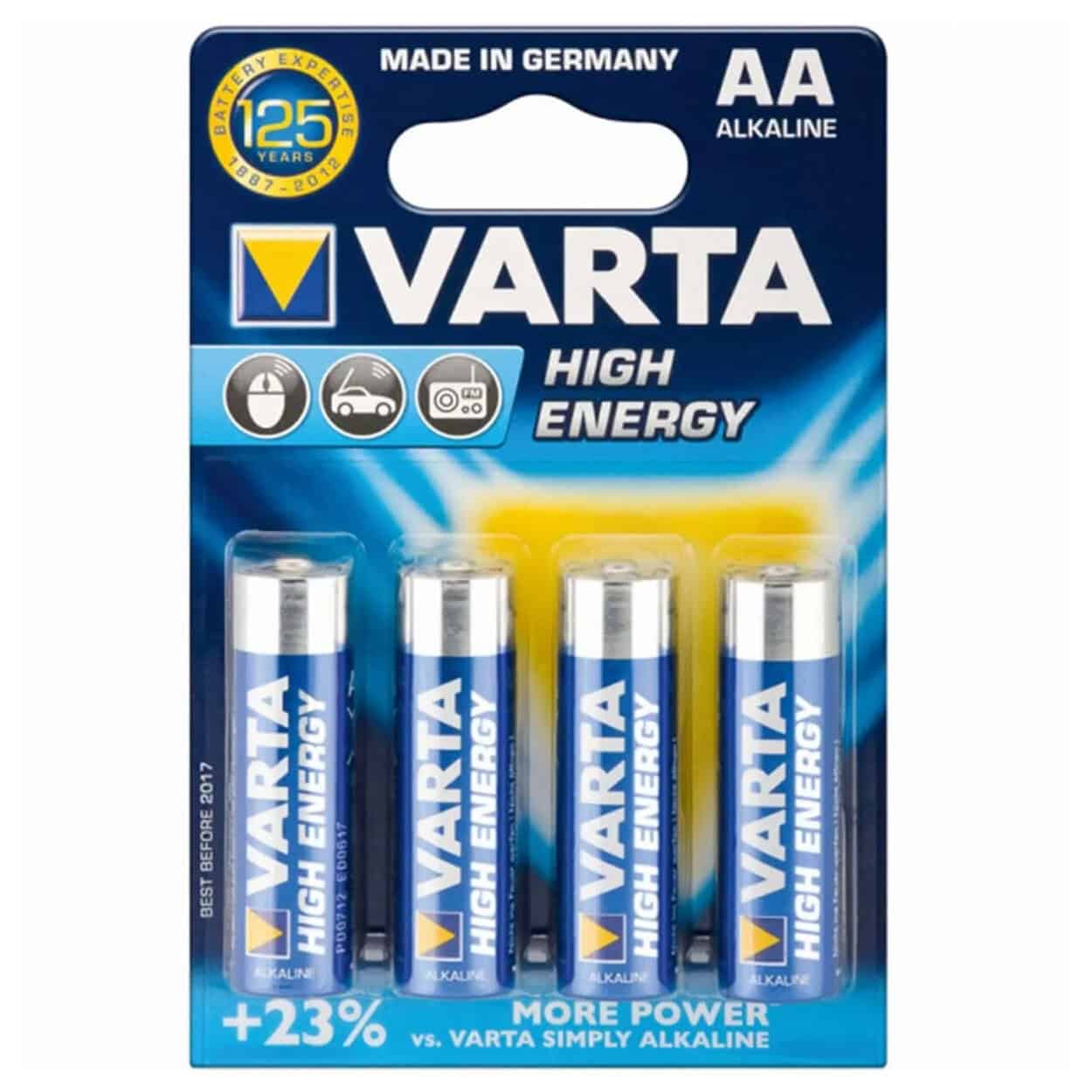 Varta AA Alkaline-Batterien, 1,5V, Set von 4 Stück, geeignet für verschiedene Geräte.