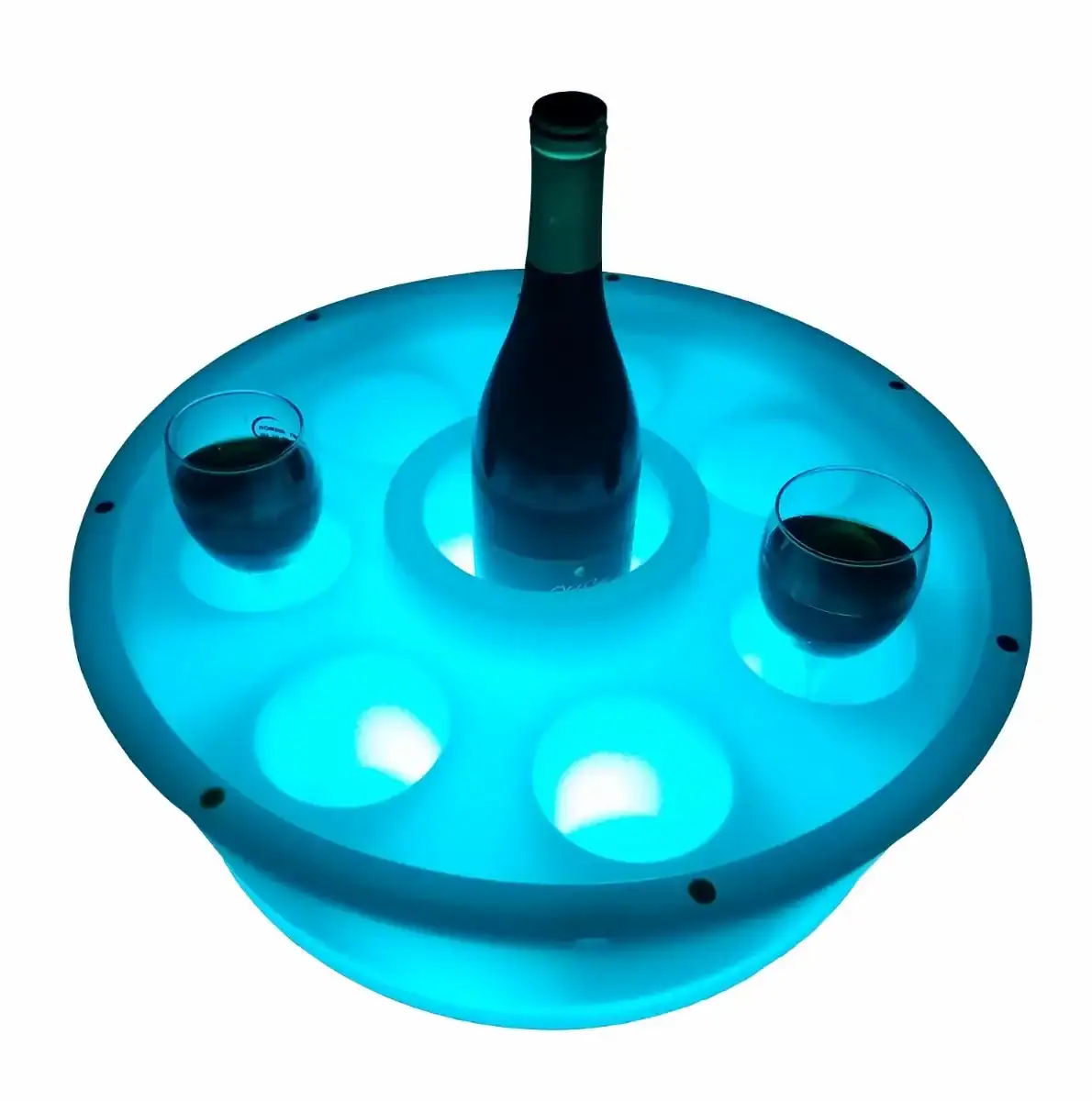 Schwimmende Spa-Bar mit LED-Beleuchtung und Weinflasche, ideal zum Entspannen im Pool.