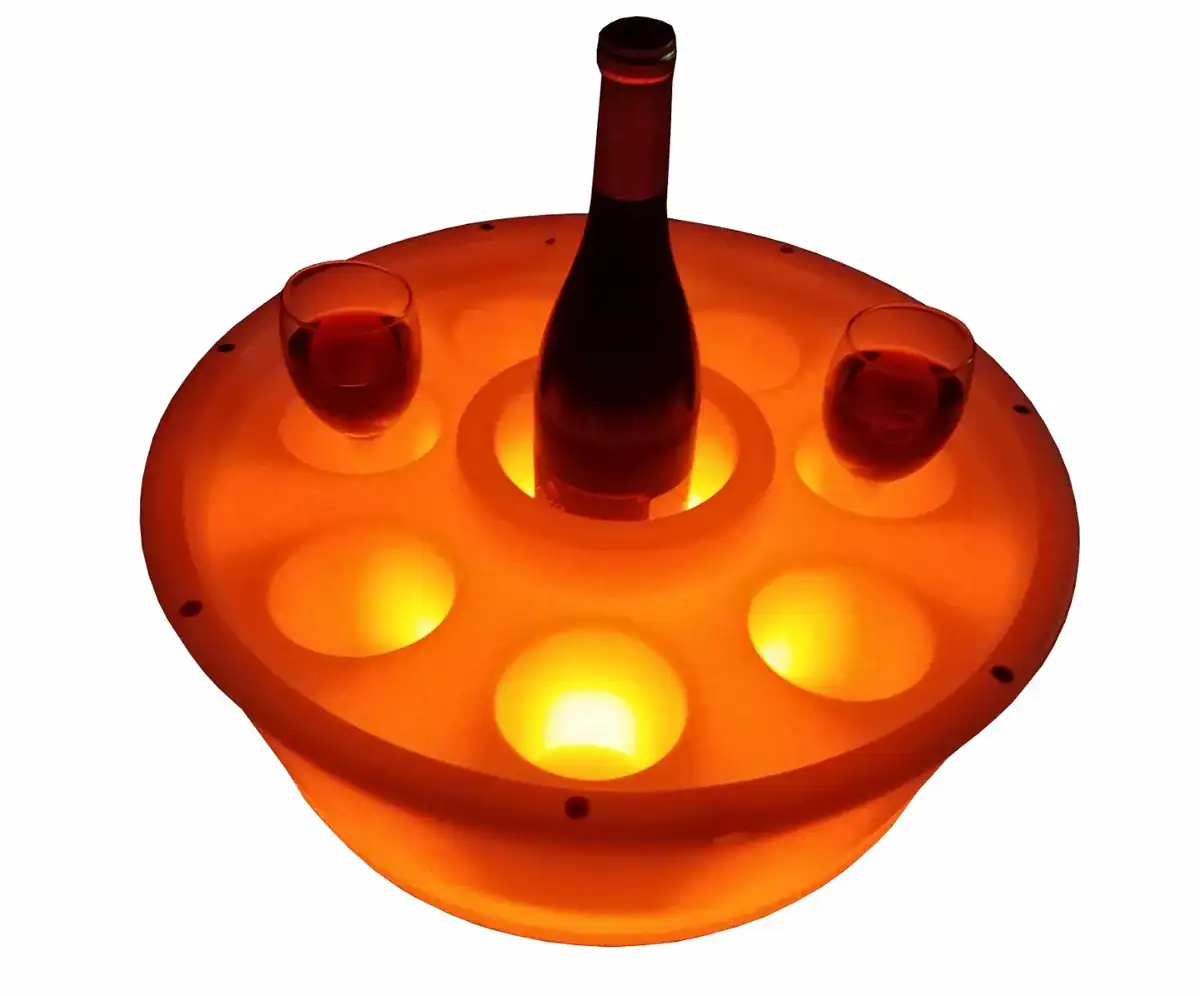 Schwimmende Spa-Bar mit LED-Beleuchtung und Weinflasche, perfekt zum Entspannen im Pool.
