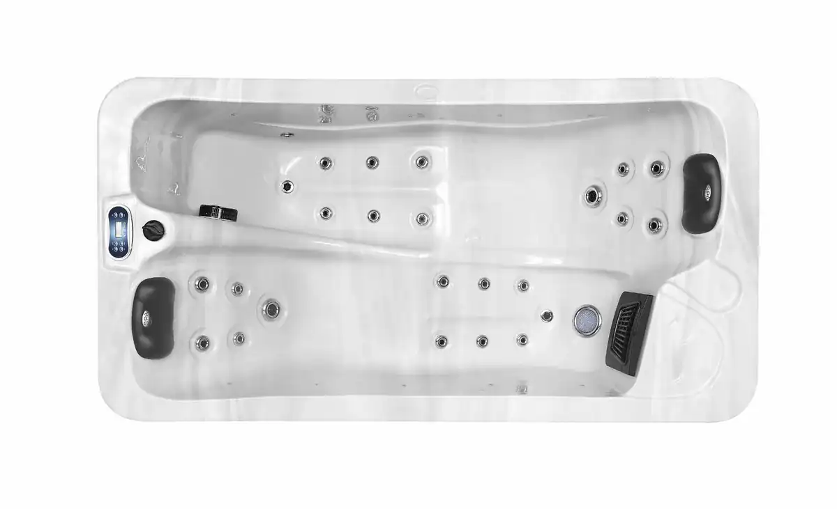 Luxuriöse 2-Personen-Spa mit Massagejets und komfortablen Sitzplätzen.