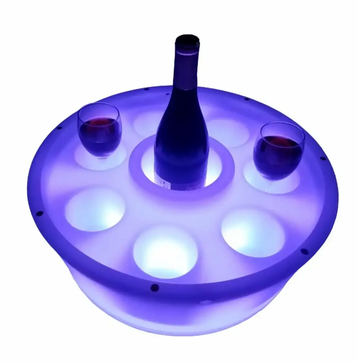 Schwimmende Spa-Bar mit LED-Beleuchtung und Weinflaschen zum Entspannen im Pool.