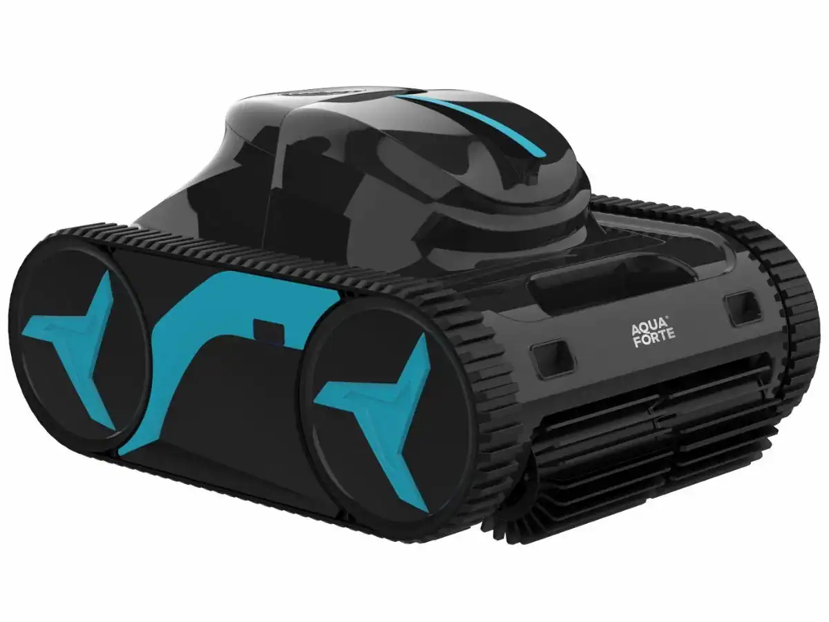 Poolroboter zum Reinigen von Pools mit Raupen und kompakter Bauform.