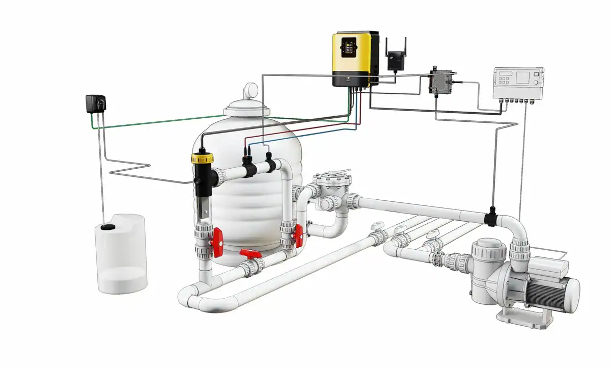 Salzelektrolysesystem für sauberes und klares Poolwasser bis 65m3.