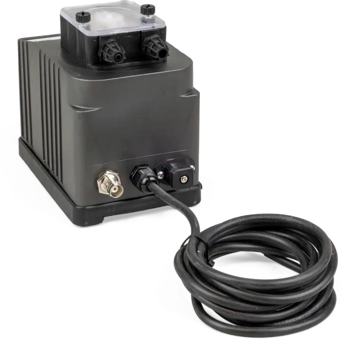 Automatischer pH-Messer und Dosierpumpe zur Poolwasserkontrolle.